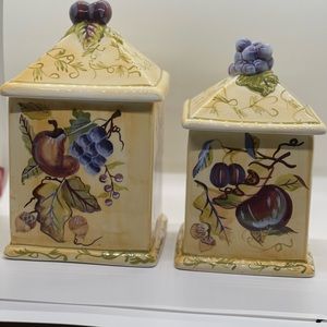 Vintage Canisters Set of 2 Capriware Handpainted Plums Grapes Finial